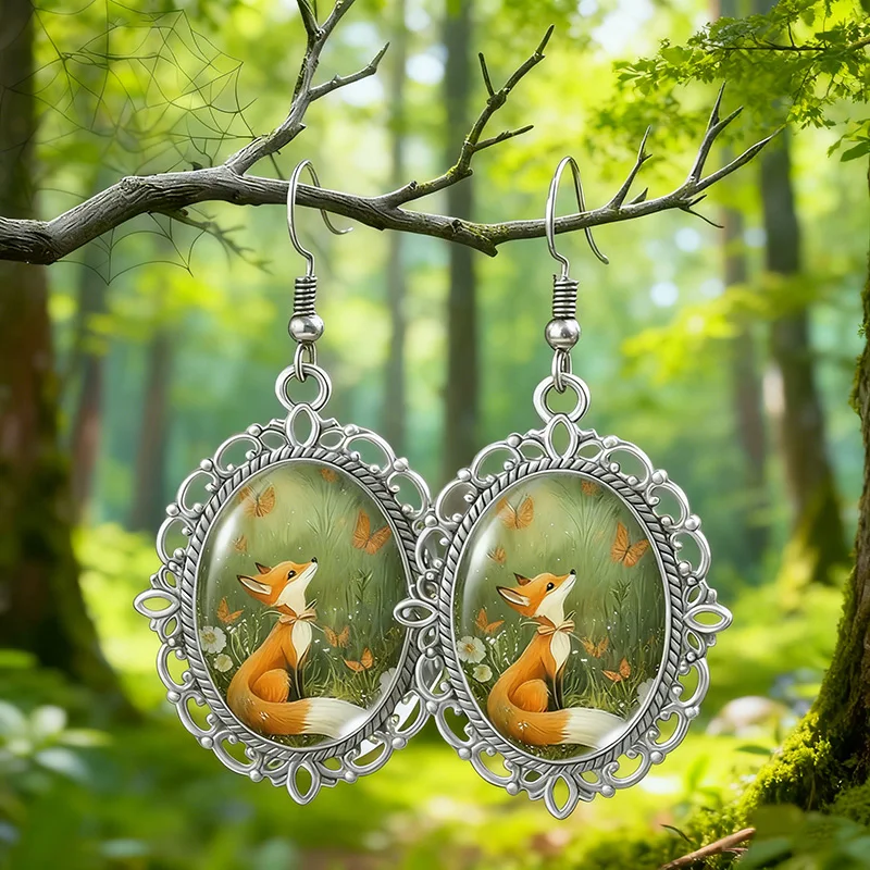 Pendientes colgantes de cristal con cúpula de zorro y bosque ovalado Vintage para mujer, regalos de joyería de animales del bosque