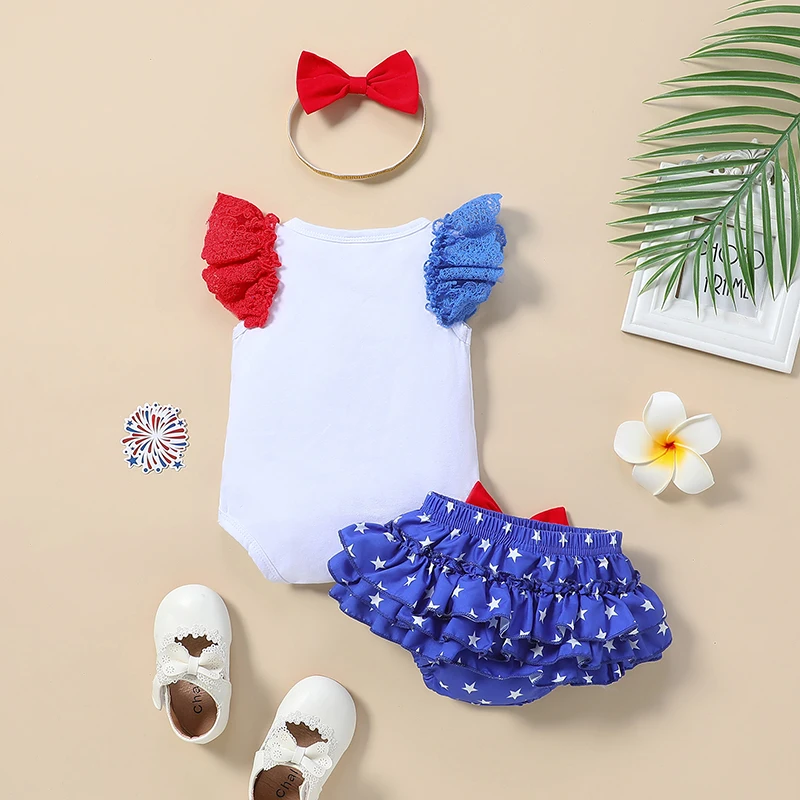 

4th of July Baby Girls Outfits Letter Print Lace Fly Sleeve Rompers Bowknot Ruffles Stars Print Shorts Headband 3Pcs Clothes Set