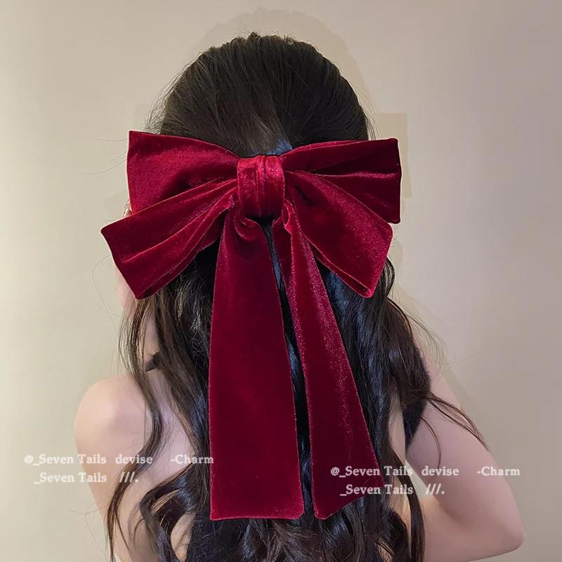 Vintage Black Big Large Velvet Bow Hair Clip For Women Girls Wedding Long Ribbon Korean Hairpins Barrette Hair Accessories