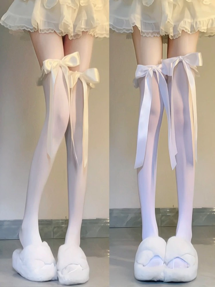 Bas d'été en velours fin pour femmes, ruban à nœud papillon, cuissardes hautes, Style princesse Lolita, couleur unie, chaussettes transparentes au dessus du genou