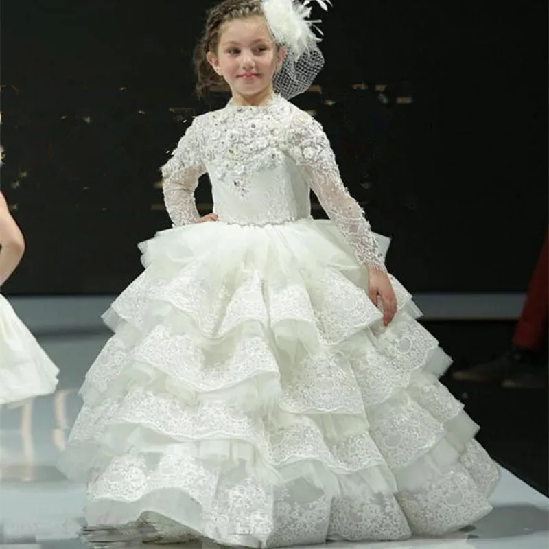 

Luxurious Tiered Lace Crystals Flower Girl Dresses for Wedding Vintage Child Pageant Ball Gown Beautiful Birthday Wears Party