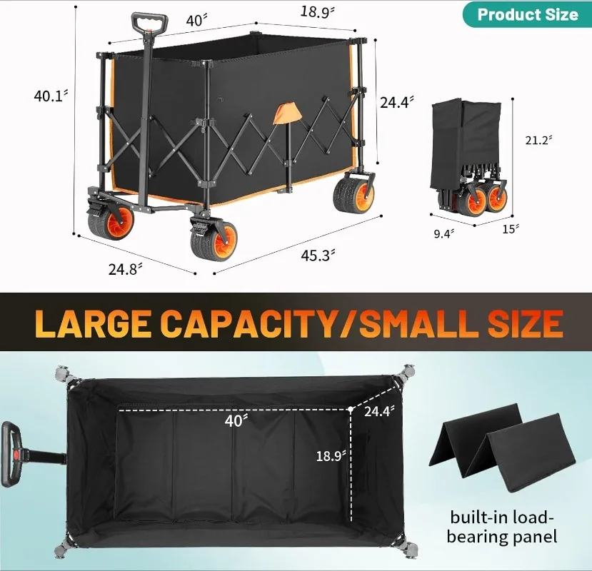 

Collapsible Foldable Extended Wagon with 500lbs Weight Capacity, 300L Folding Utility Wagon Cart with Big All-Terrain Wheels