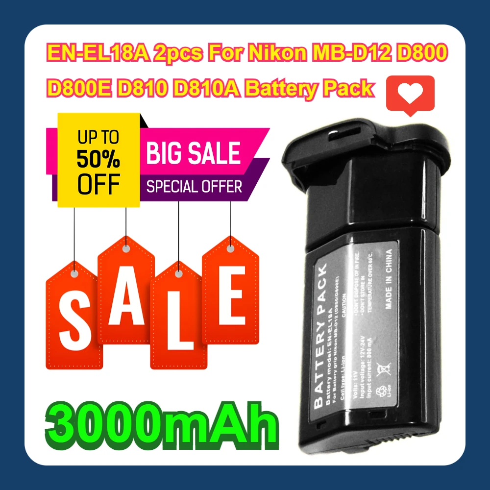 3000mAh EN-EL18A 2pcs For Nikon MB-D12 D800 D800E D810 D810A Battery Pack