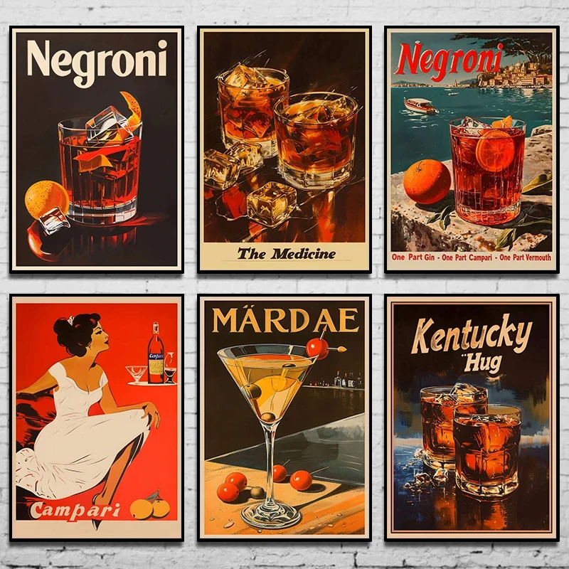 Vintage vino Martini Negroni Martini cóctel cartel Bar pared Retro lienzo pintura vino pintura Club tienda decoración del hogar regalos