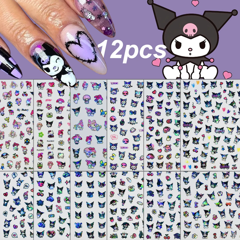 12 hojas de pegatinas 3D para uñas de pequeño diablo Kuromi para niñas, brillo láser Kawaii, calcomanía para uñas con melodía de Hellokitty, manicura de personajes de Anime