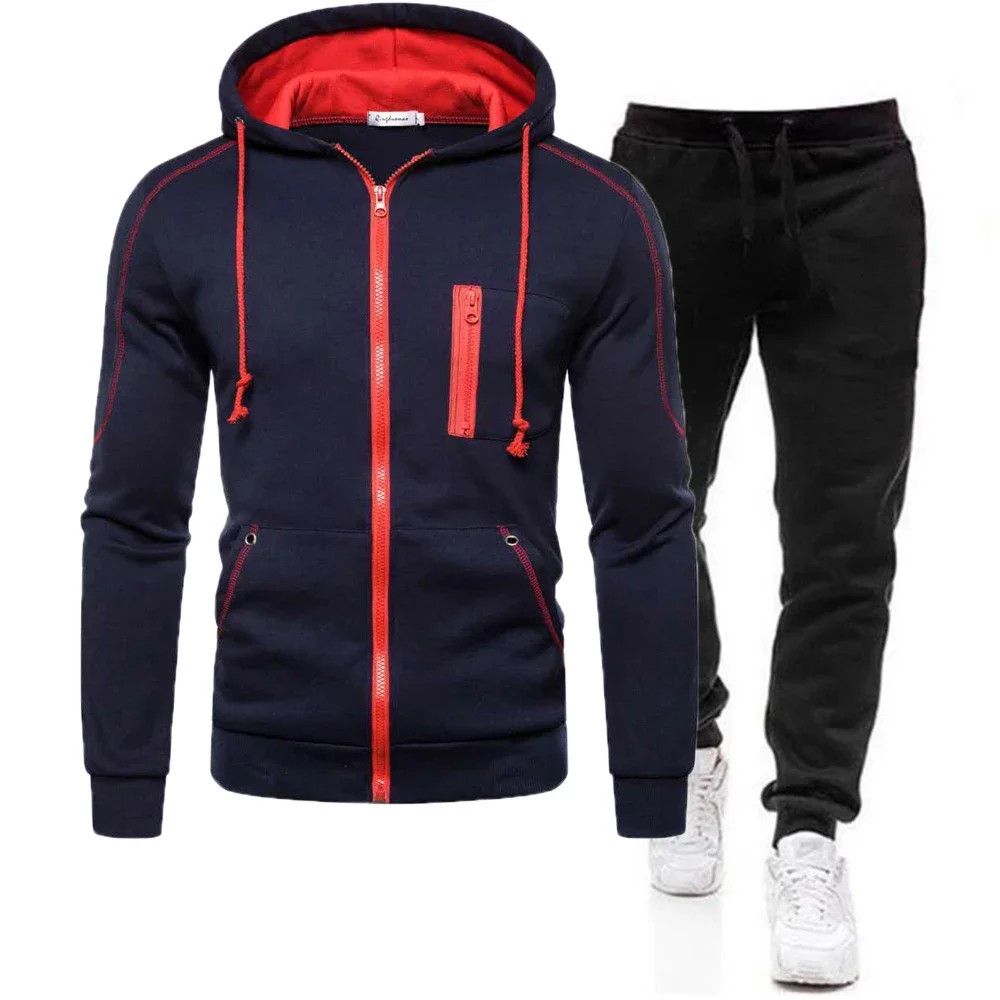 Tuta da uomo di vendita calda tuta da Jogging Casual Set da esterno felpe con cerniera + pantaloni sportivi neri 2 pezzi moda primaverile nuovo