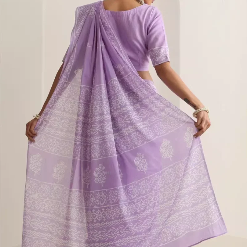 Indian Women's Thin Performance Printed Cotton Light Purple Sari - view 4