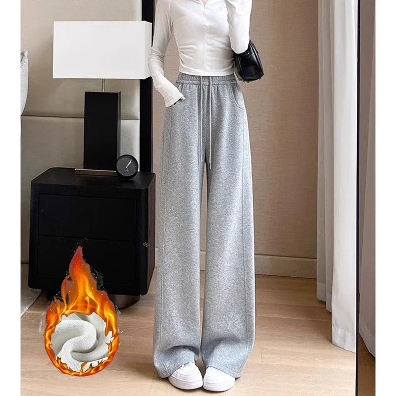 Winter Lady Thin Snow Warm Fleece Pants Women High Waist Solid Color Trousers Girls Fashion Thermal Plush Sweatpants