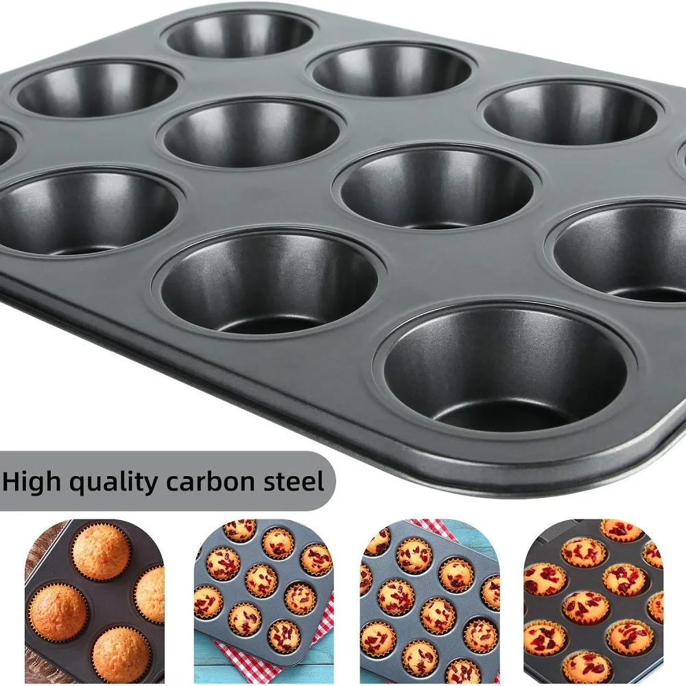 12-Cup Round Cupcake Pan Muffin Tray Cupcake Molds Muffin Pan Bakeware Non-Stick Bakeware Heavy Duty Carbon Steel Pan Muffin Tin