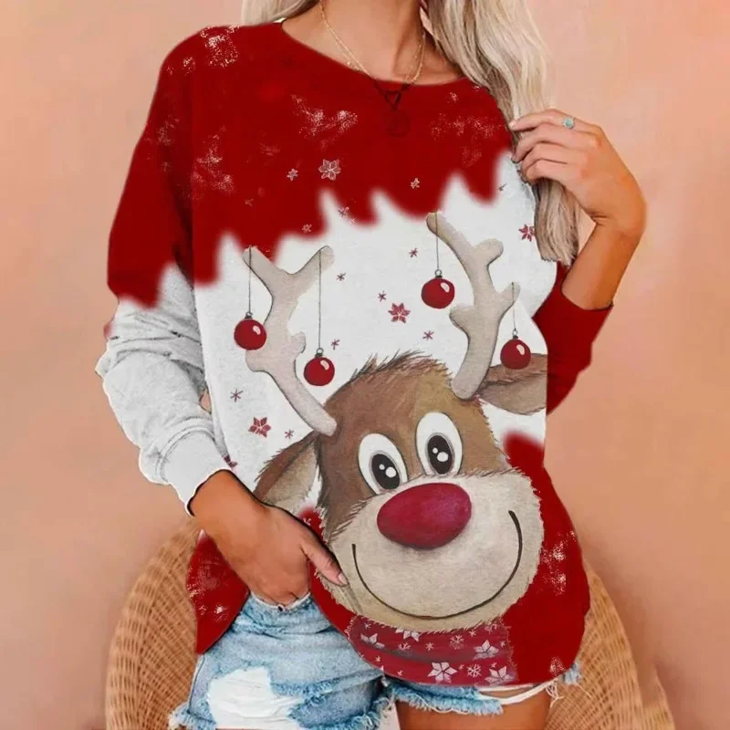 

Round Neck Long Sleeve Trendy Fashion Base-Under Autumn and Winter Anchora Red Christmas 3D Print Elk