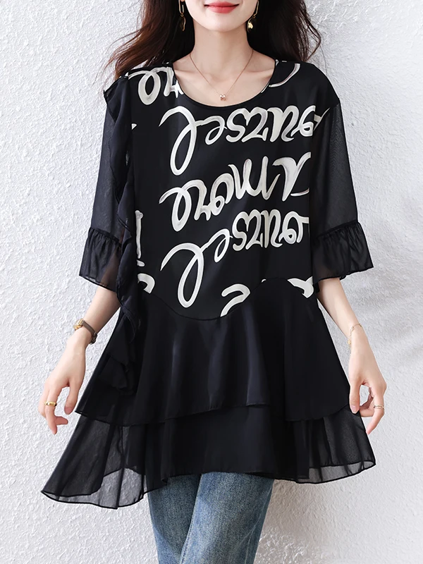 T-shirt ort Sve in chiffon da donna allentata Estate 2025 New Sle Age-Defng Top ultraleggero Faionable Wide-oulder irt