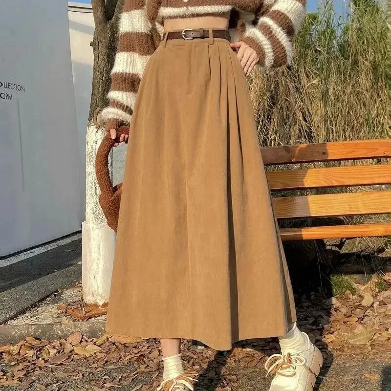 Vintage ceinture velours côtelé jupe Midi femmes taille haute plissée une ligne jupes automne hiver Streetwear coréen décontracté tout Match jupe