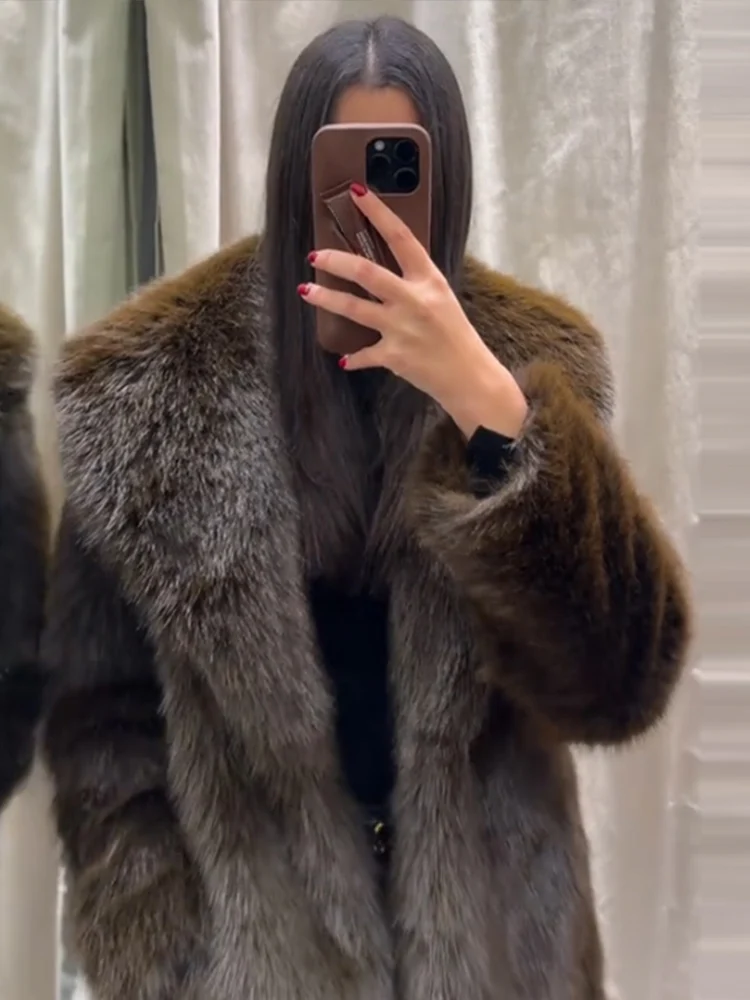 With Belt Fur Coat Fluffy Large Heart Shaped Waist Cinching Deep V Mid Length Overcoat Warm Plush Women Trend Outwear Winter Top