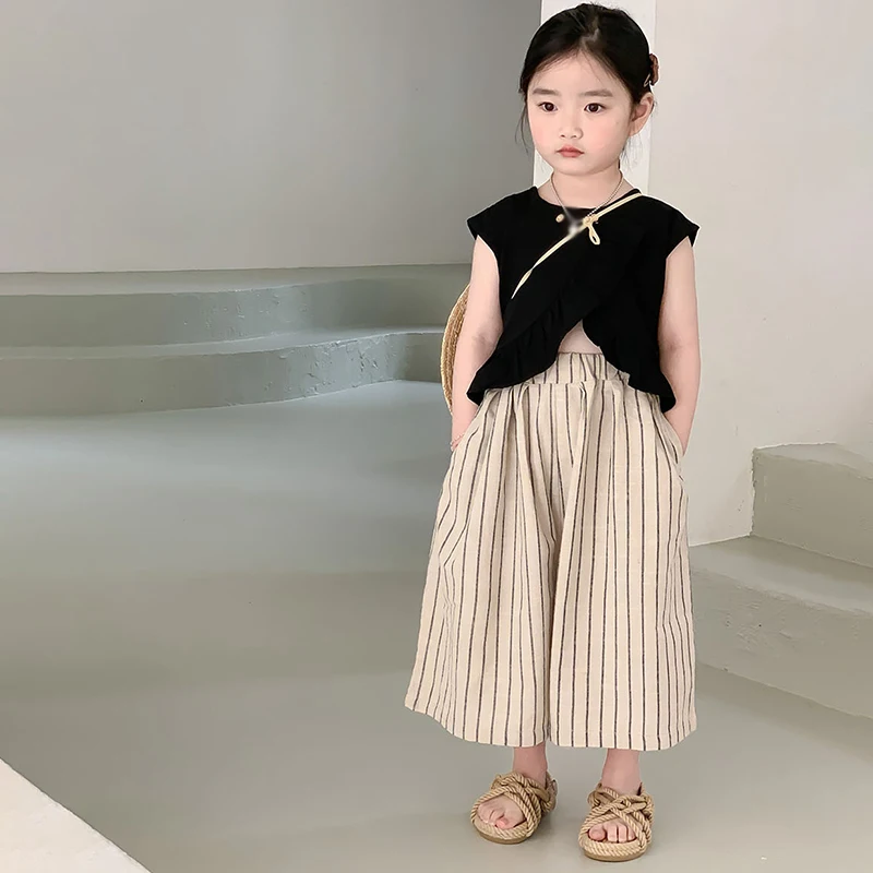 Round Collar Sleeveless Top Pleated Design Girl\'s Sleeveless Top Pants Suits Elastic Waist Casual Pants Beach Suits Girls