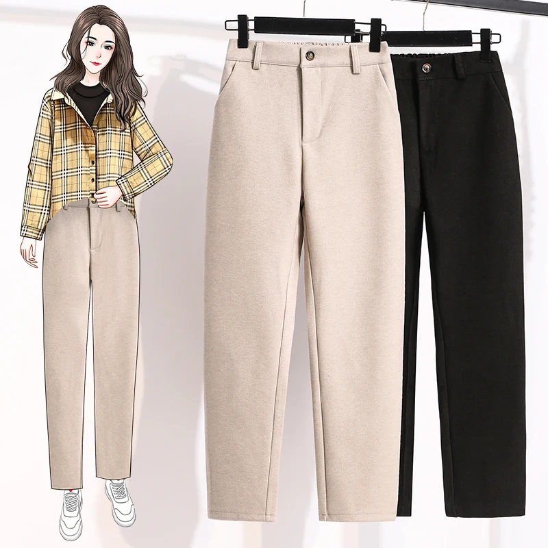 Plus Size Woolen Pants Women 2024 Autumn Winter New Arrivals Beige Or Black Suit Pants Trousers Korean Style Elastic Waist Pants