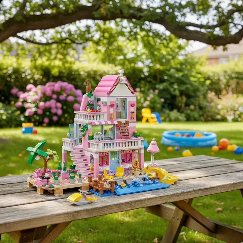 822 قطعة منزل شاطئ قابل للتحويل طبقة مزدوجة فيلا لتقوم بها بنفسك بناء عدة ألعاب البناء الإبداعية الفتيات هدية عيد ميلاد