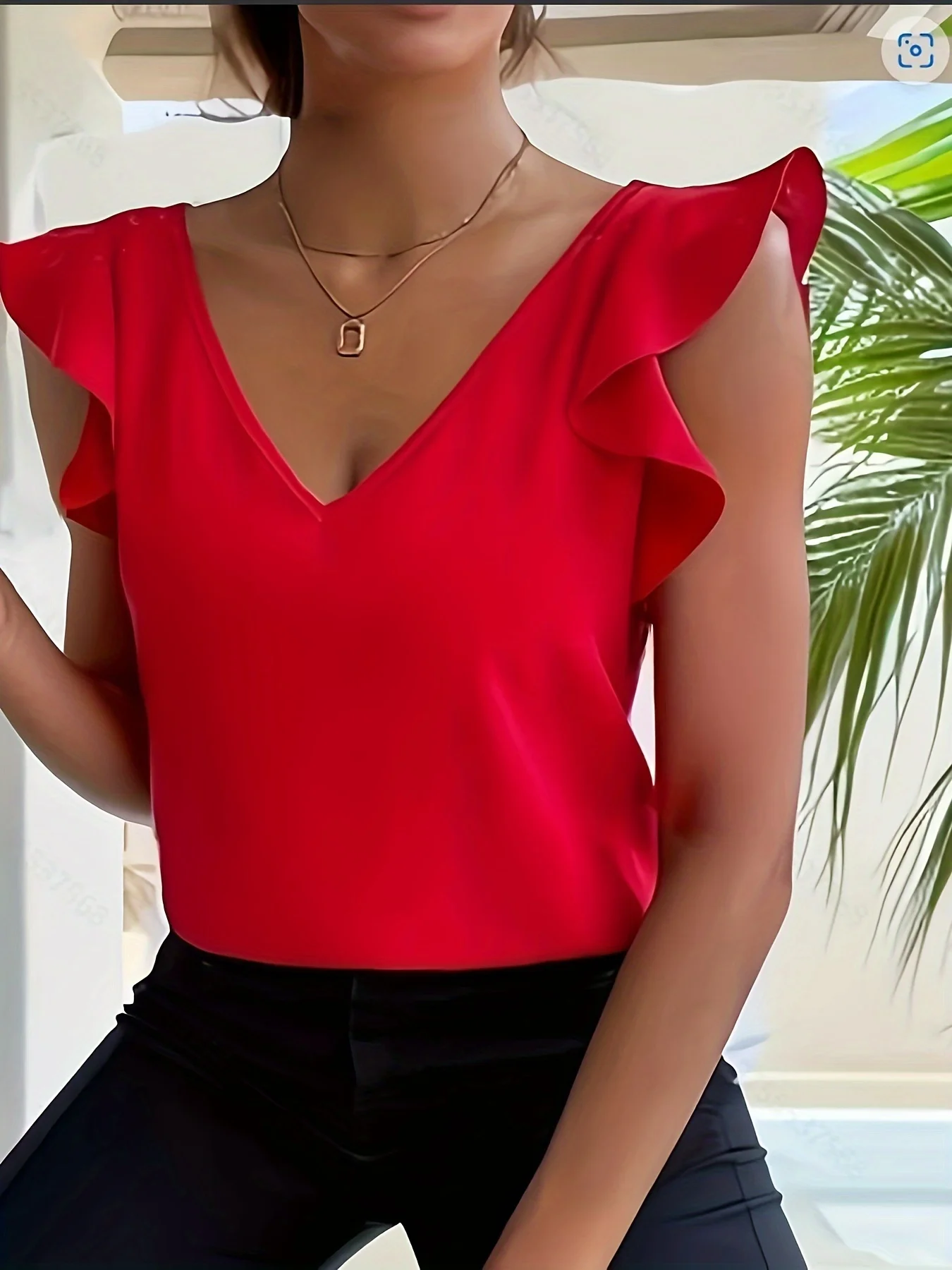 Women\'s ruffled V-neck casual tops Red solid color casual shirts Ruffle sleeves V-neck