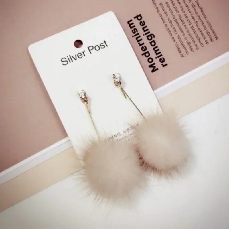 Delysia King New style Women\'s Ear Jewelry Rhinestone Long Chain Mink Fur Ball Drop Earrings