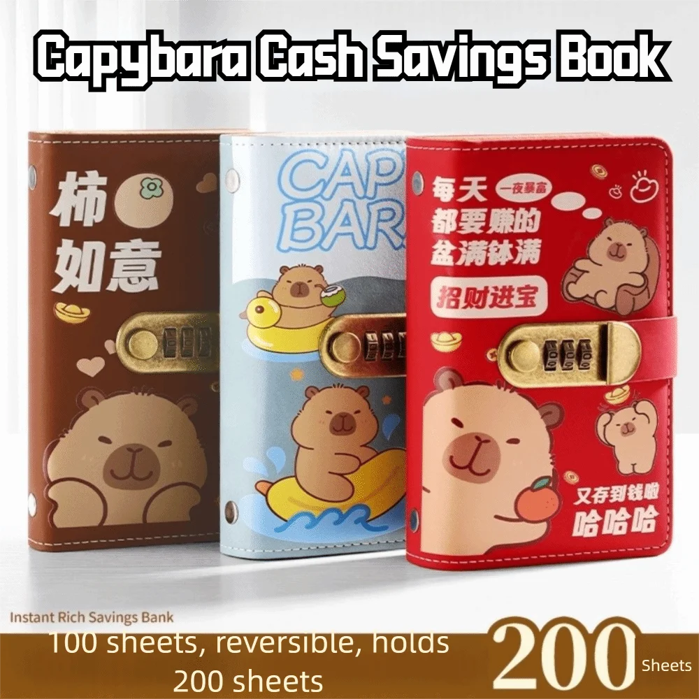 Cartoon Capybara Saving Money Binder with Password Lock PU Leather Planner Organizer Cash Envelopes Savings Handbook
