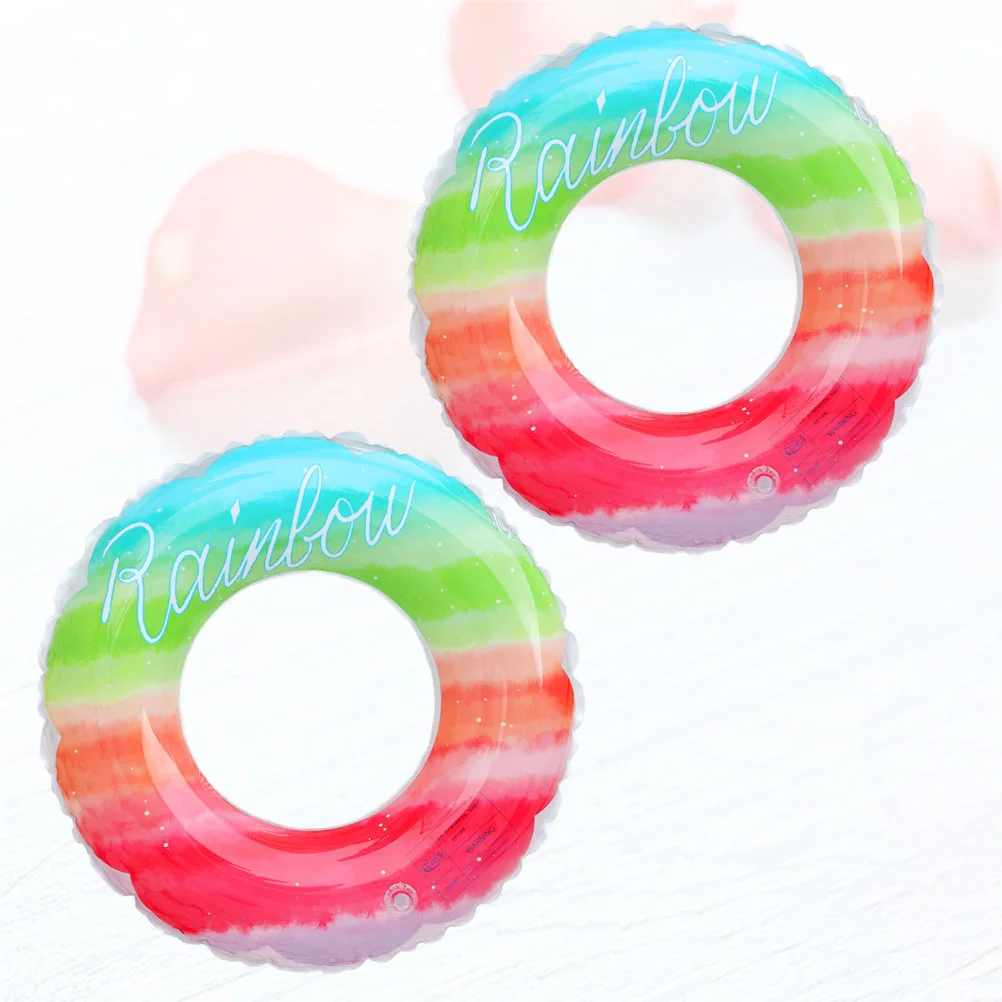 2pcs Thicken Plastic Rainbow Design Inflatable Swimming Ring Safety Aid Float Seat Ring Sports Accessory for Adults Children (12