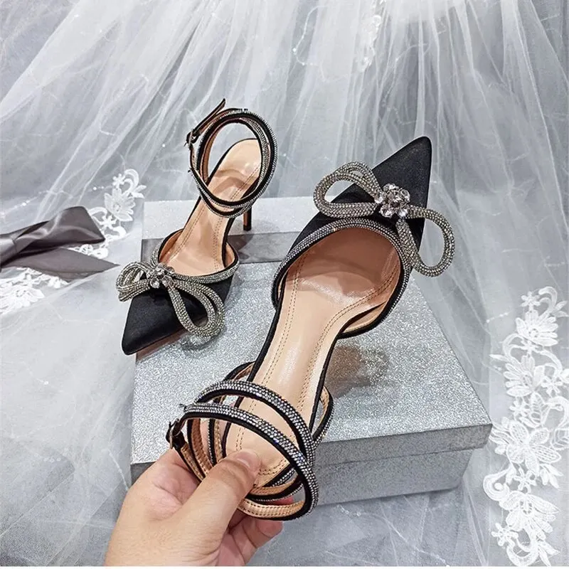 Runway Style Glitter Rhinestones Women Pumps Crystal Bowknot Satin Summer Lady Fashion Sexy Pointed High Heels Party Prom Shoes