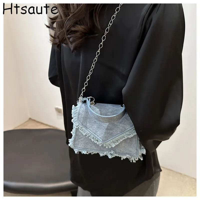 

Denim Tassel MINI Handbag For Women Solid Color Covered Crossbody Bags Ladies Single Shoulder Bag Square Crossbody Chain Bag