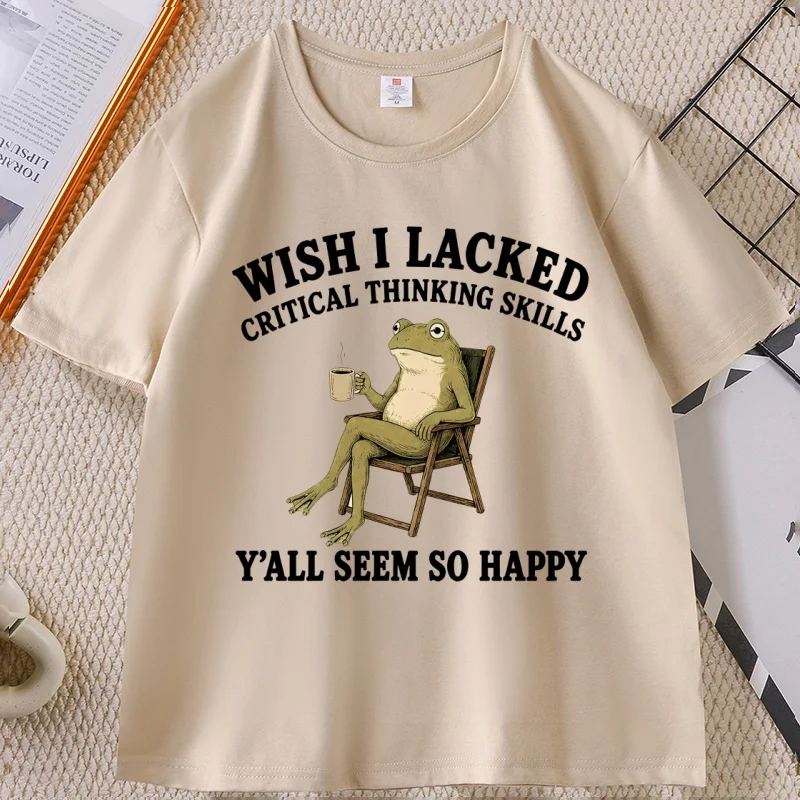 Wish I Lacked Critical Thinking T-Shirt Funny Cotton Short Sleeve Humor Graphic Tee Crew Neck T Shirts Casual Cotton Printed