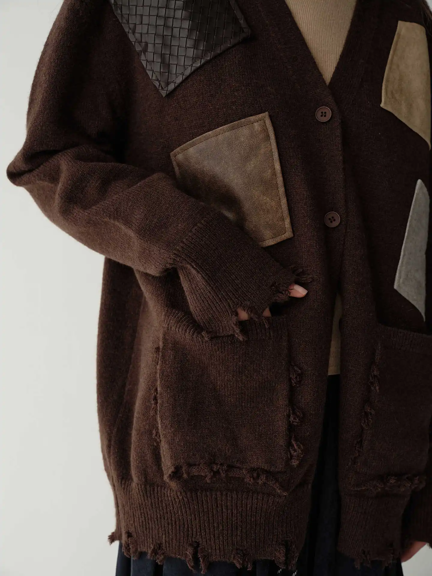 BJTZ 여성용 디스트레스드 아트 패치 울 가디건 가을 겨울 니트 오픈 프론트 재킷 긴 소매 루즈핏 프리미엄 아우터웨어