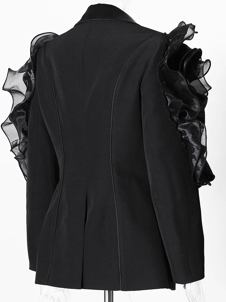 Feminino preto babados em forma elegante fino blazer nova lapela manga longa jaqueta moda maré primavera outono 2025 novos casacos e jaquetas