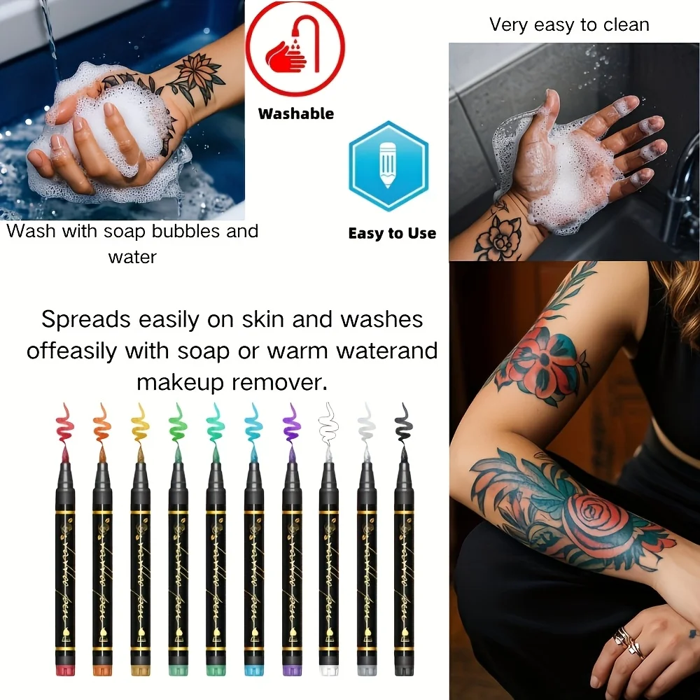 Temporary Tattoo Marker Set 10 Colors With 59 Reusable Templates Metallic Body Art Pens DIY Drawing Makeup Tools view 5