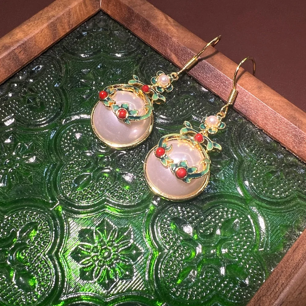 24K court style white jade enamel color earrings, retro and elegant court style exquisite S925 high-end national style earrings