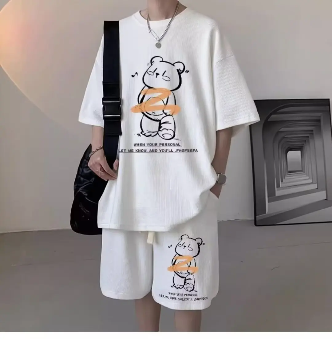 Summer Men Tracksuit Japan Cartoon Streetwear Cool Bear Printed Waffle T Shirts Shorts 2 Piece Set Hip Hop Casual Short Suit New