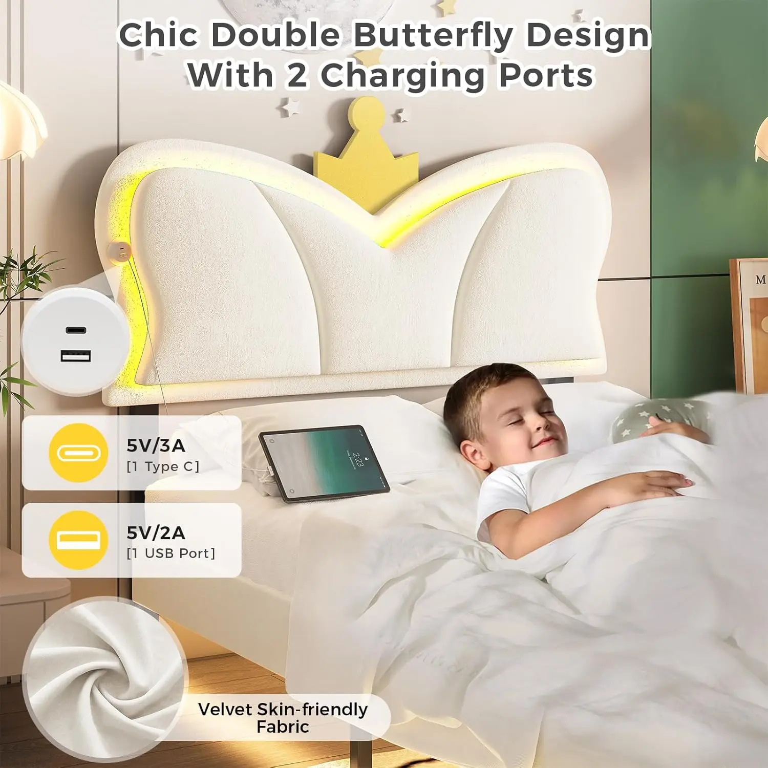 LED Twin Bed Frame with Storage Drawer and Charging Station, Crown Bed with Adjustable Double Butterfly Headboard, Upholstered