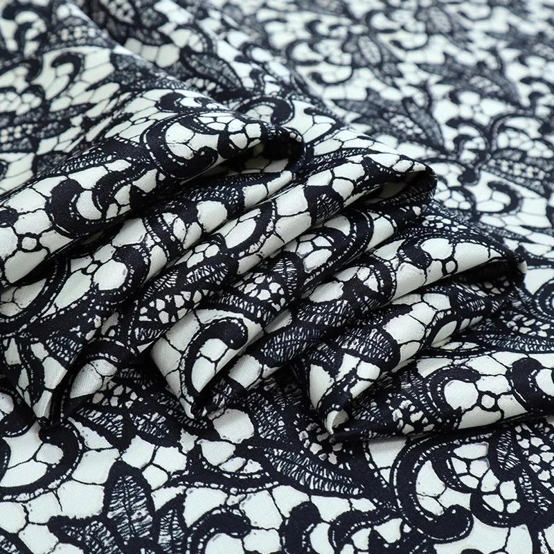 Black Lace Printed 30momme Heavy-duty Silk Wool Double-sided Satin Mulberry Silk Fabric High-quality Clothing Sewing Materials