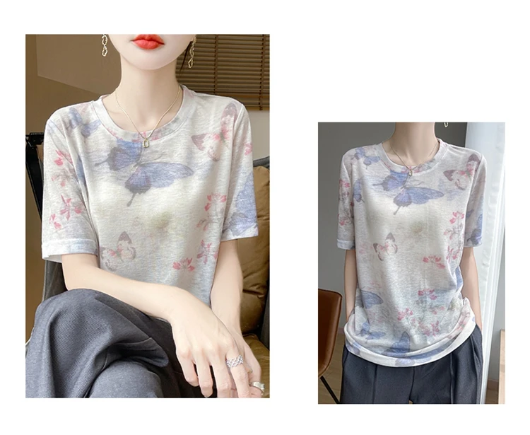 Summer New Women's Round Neck Printed Knitted Short-Sleeved Thin T-shirt Loose Bottoming Shirt
