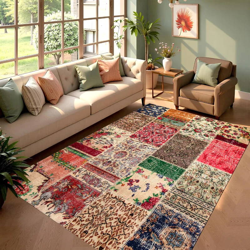 Patchwork-Teppich im türkischen Stil, rutschfester Teppich mit Vintage-Print für Wohnzimmer, Küchenteppich, Fransen-Farmhouse-Bodenmatte