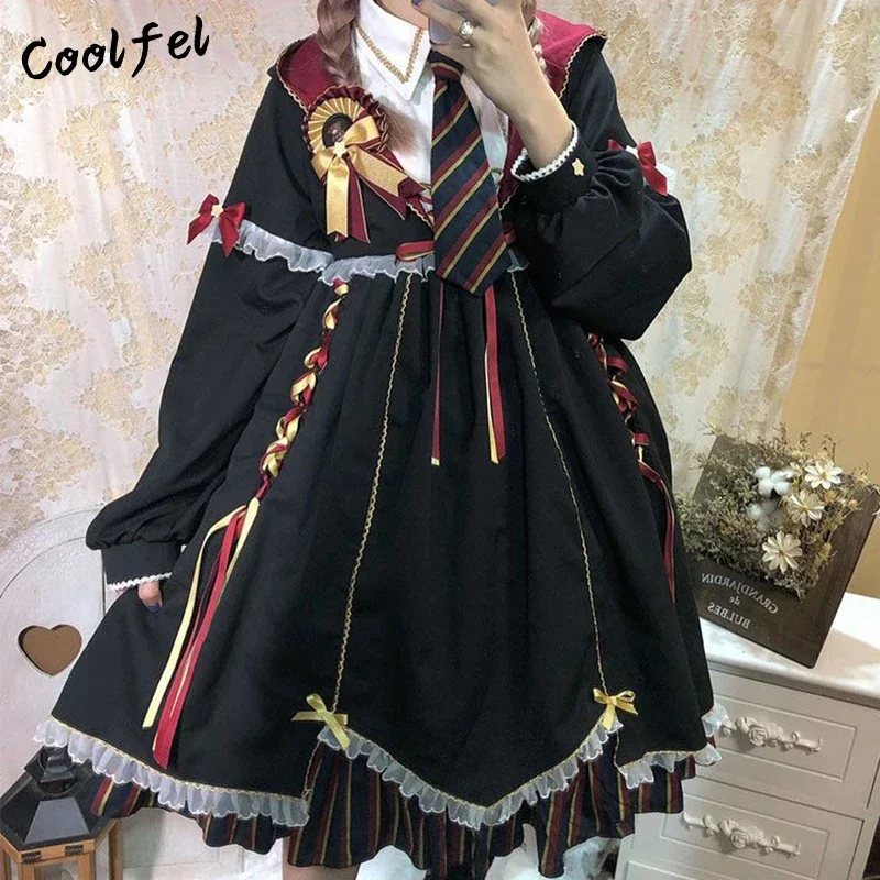 Coalfell-vestido de Lolita gótico japonés para mujer, Vintage, negro, vestidos de cintura alta para niñas, disfraz de Cosplay