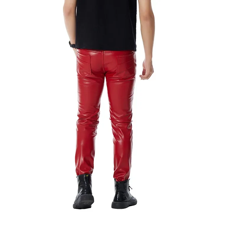 2024 Men\'s Red Personal Leisure Zipper Pu Stitching Leather Pants