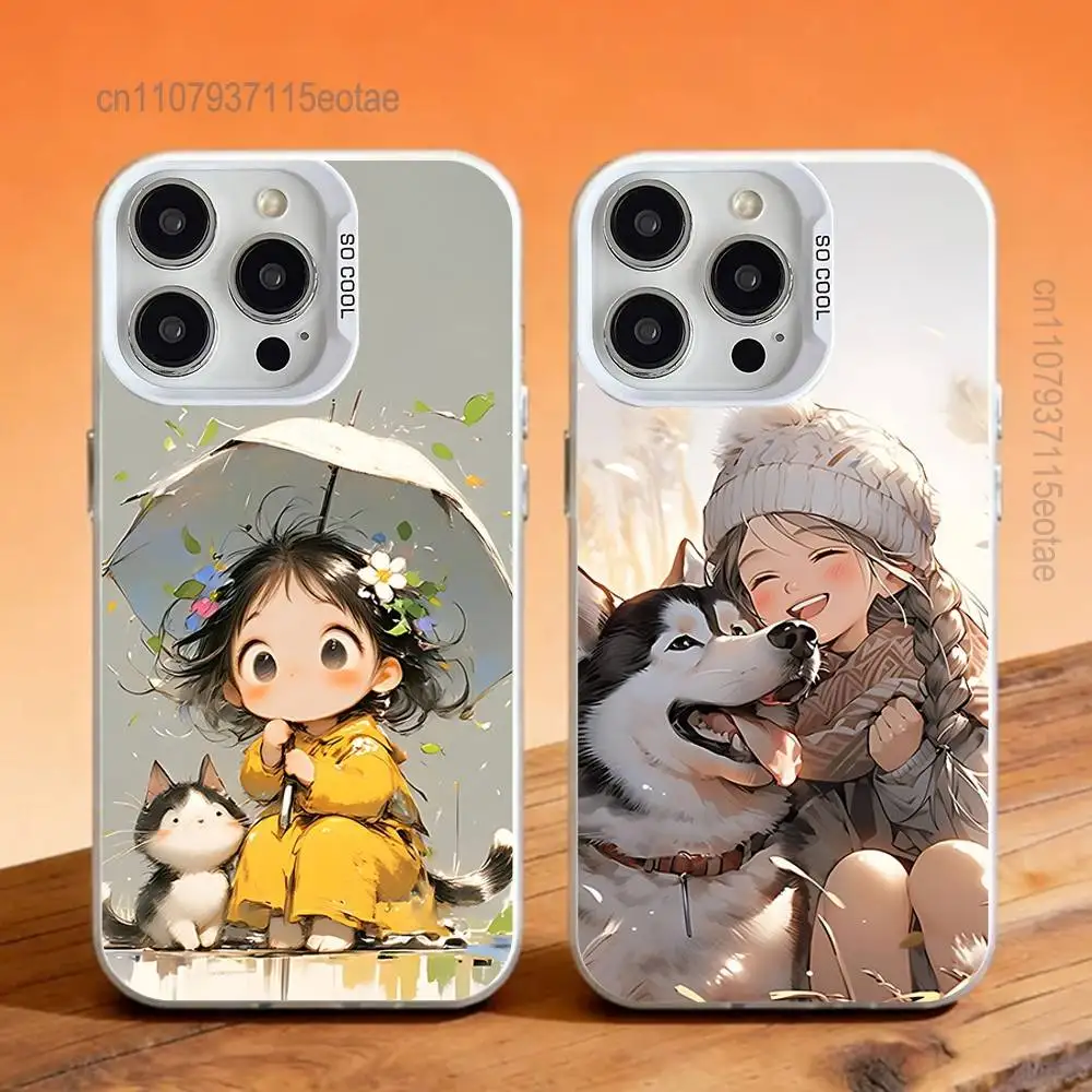 

Cute Kid Girl Dog cat Phone Case For iPhone 12,16,17,14,13,15,11,Pro,XS,Max,Plus,Mini,SE4,E White Matte Shockproof Cover