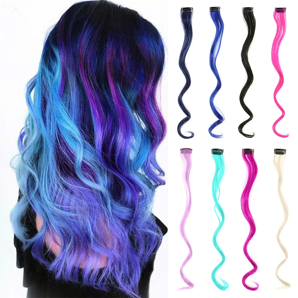 Rainbow Hair Accessories Synthetic Hair Extensions Clip Hairpiece 22inch  Body Wave Curly Clip On Wavy Clip-in One Piece Girls