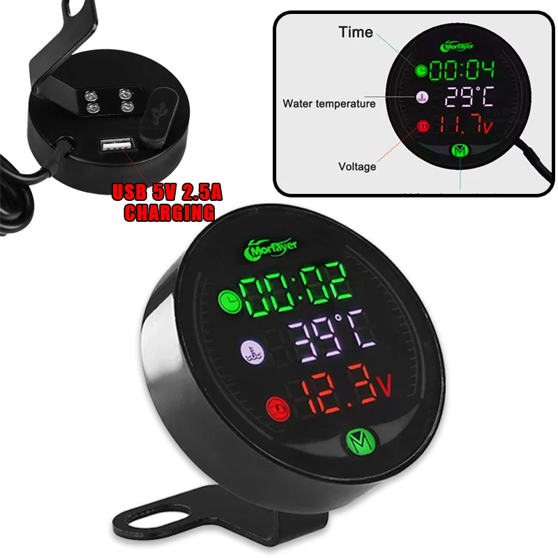 

3-In-1 Digital Motorcycle Electronic Clock DC 9V-24V Digital Time Clock Water Thermometer Voltage Voltmeter Moto Time Clock