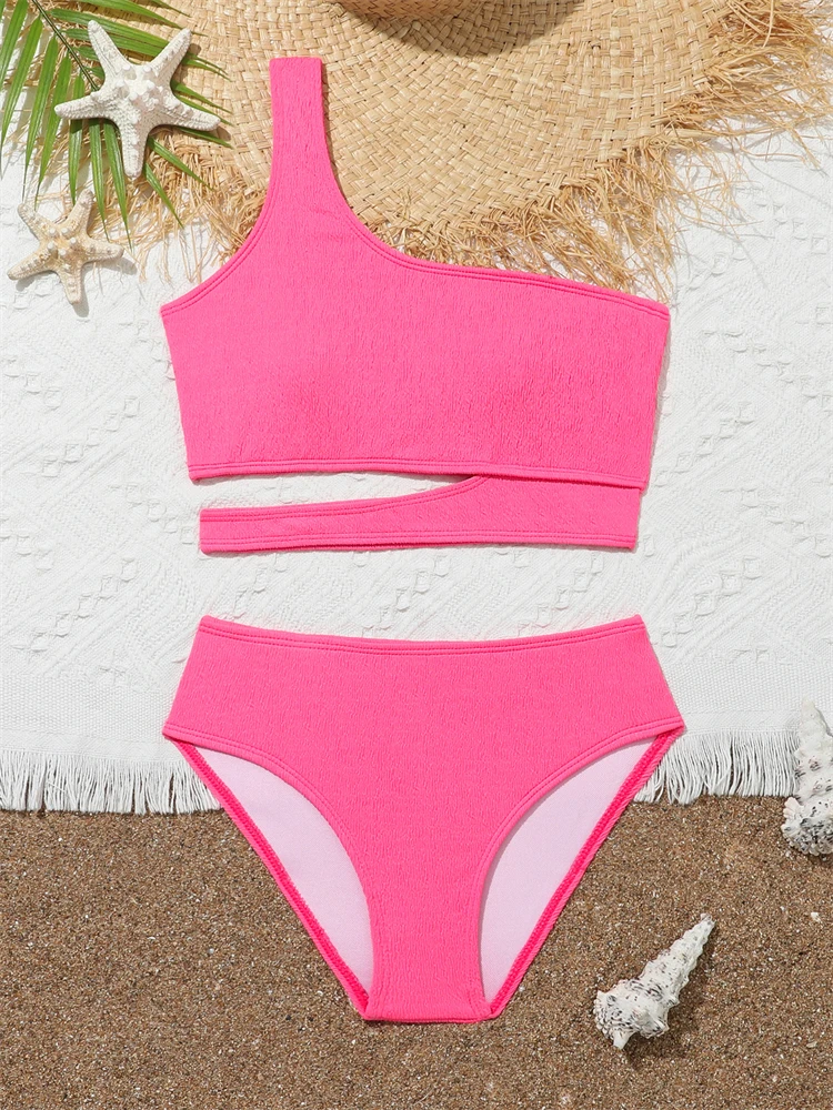 Girls\' Swimsuit Bikini 2024 New Solid One Shoulder Bikinis Set Children Swimwear Summer High Waist Kids Beach Wear Bathing Suit