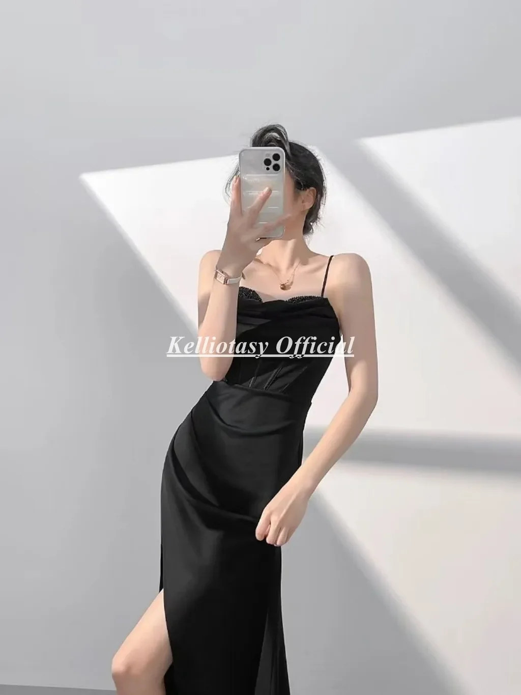 Vestido de noite sereia preto personalizado, alça espaguete, divisão aberta, sexy, vestidos de ocasião não formal para mulheres mxy 241204