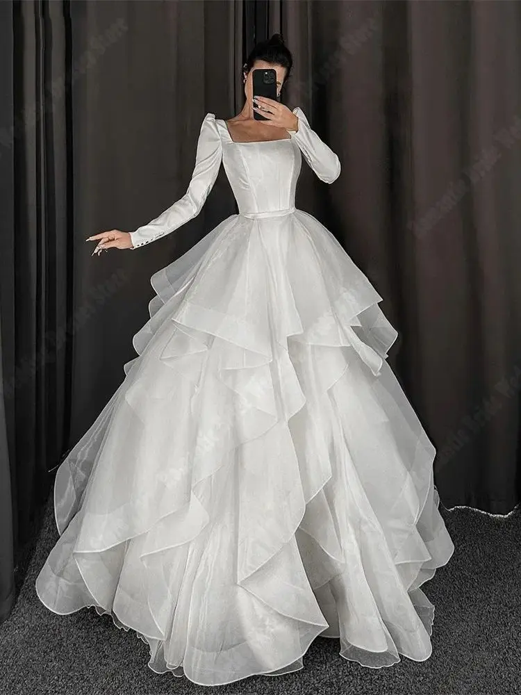 Luxury Square Neck Women Wedding Dresses Bright Tulle Bridal Gowns Mopping Length Long Sleeves Princess Vestidos De Novias 2024