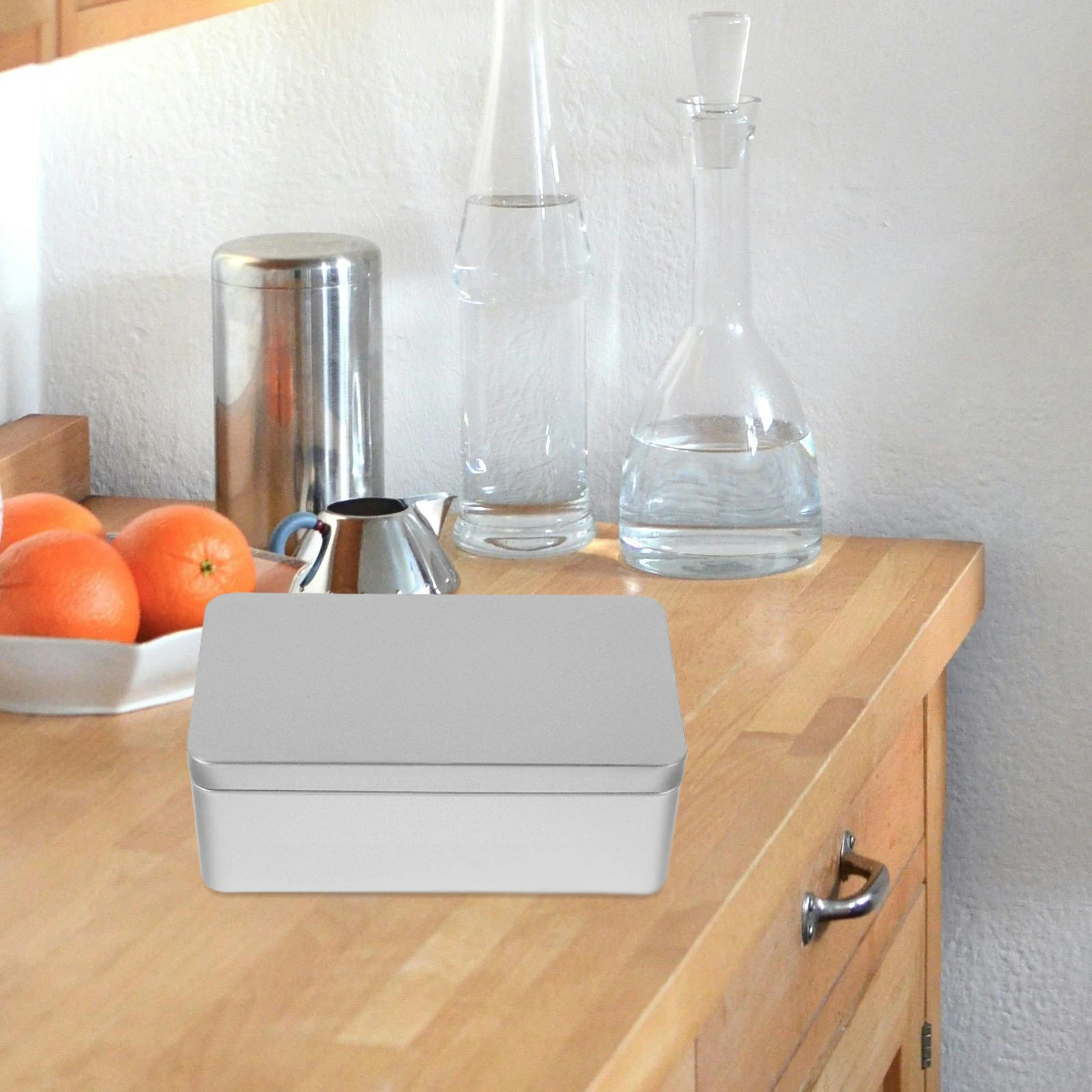 

Rectangular Jewelry Tin Container Metal Storage Sweets Candy Empty Silver Food Kitchen