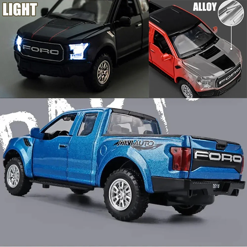 Ford Raptor F150 Diecast Metal Alloy Model Car para crianças, veículo off-road, luz sonora, coleção Pull Back, presentes de brinquedo, 1:32