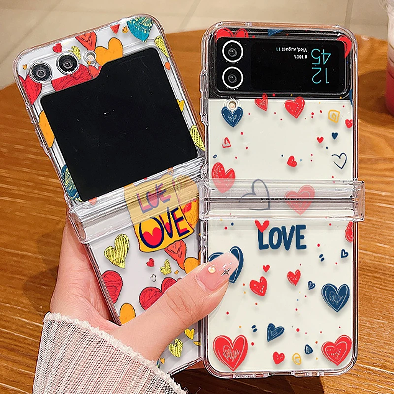 Love Heart Pattern Clear Phone Case For Samsung Galaxy Z Flip5 Flip4 Flip3 5G Hard PC Folding Back Cover For Samsung Z Flip 5 4