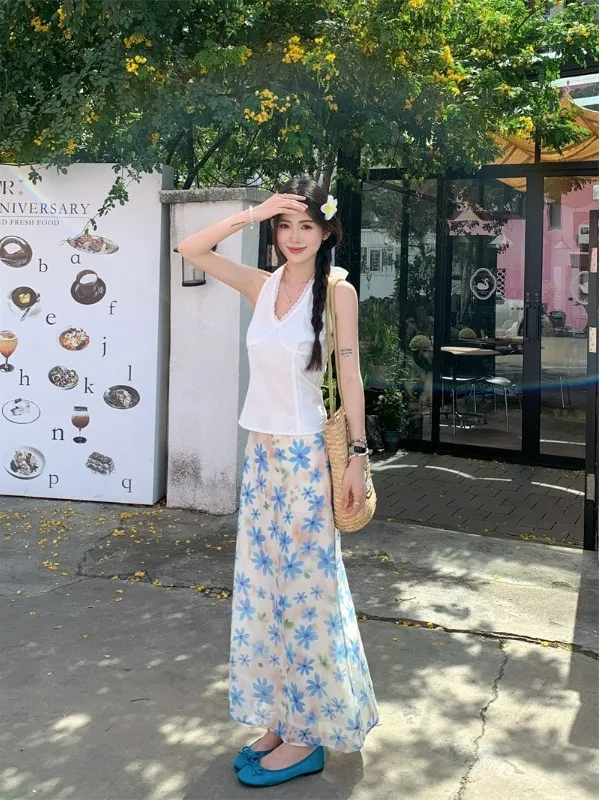 

Beach Vacation Lace Halter Top Skirt Set Women's Sweet Spicy Summer Floral Print Two-Piece Suit V-Neck Student Work Uniform