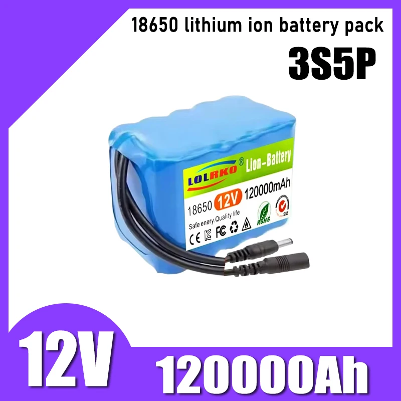 12V 120000mAh 3S5P 18650 Lithium ion Rechargeable Battery with BMS Lithium Battery Pack Protection Board  Strong endurance
