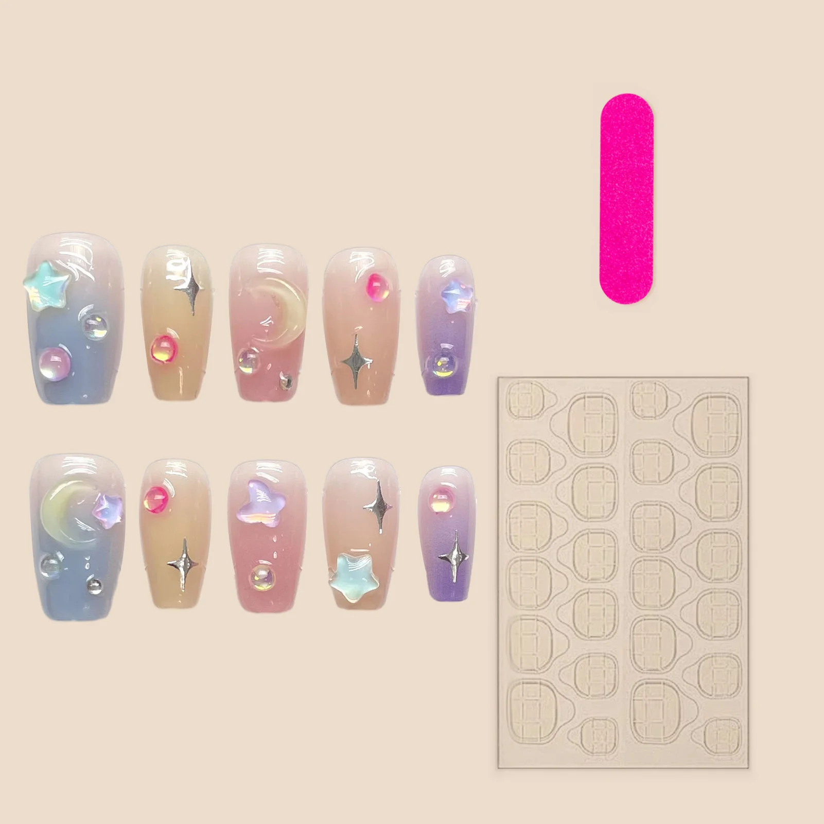 Nail Art Woman Coffin False Nail Star Moon Design Full Cover Ombre Artificial Nail for Women and Girls Nail Decoration MIAO-US